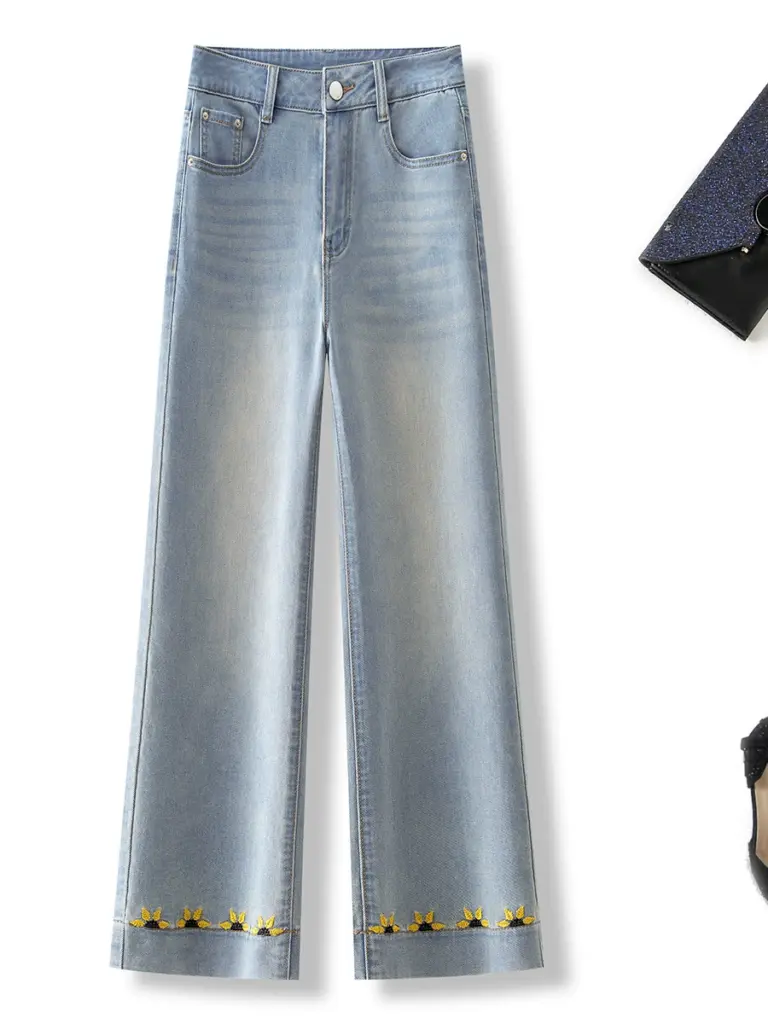 European Premium Heavy Floral Embroidery High-Waist Slimming Straight Jeans