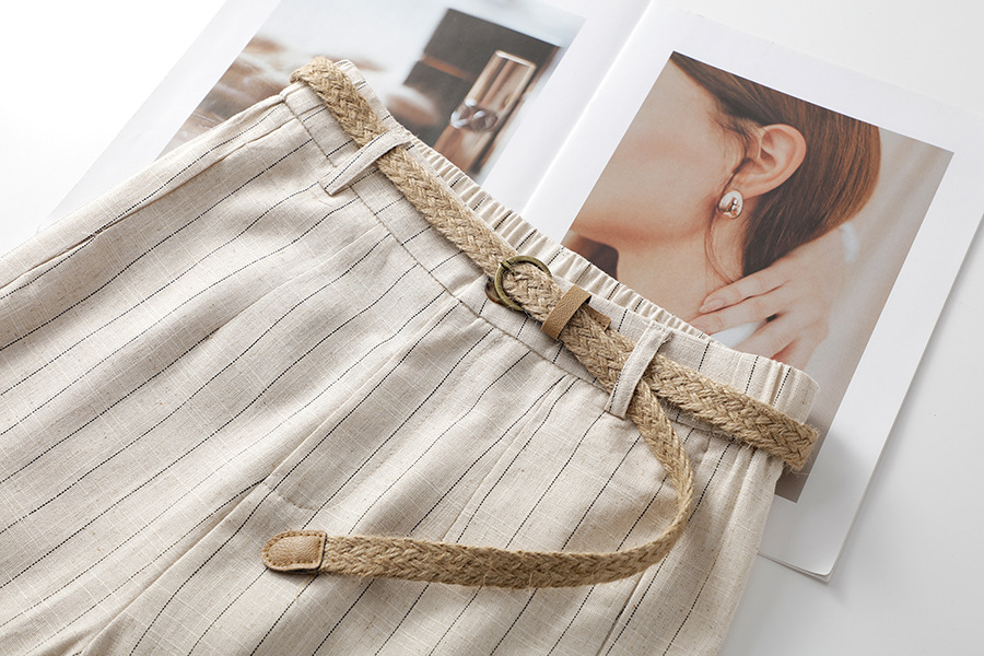 High quality ice silk linen vertical stripe high waist slimming straight leg casual pants with breathable drape feeling narrow version wide leg pants - Image 7