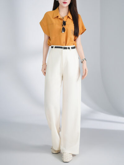 [Live source] summer new ice silk linen elastic waist straight casual pants women simple business style narrow version