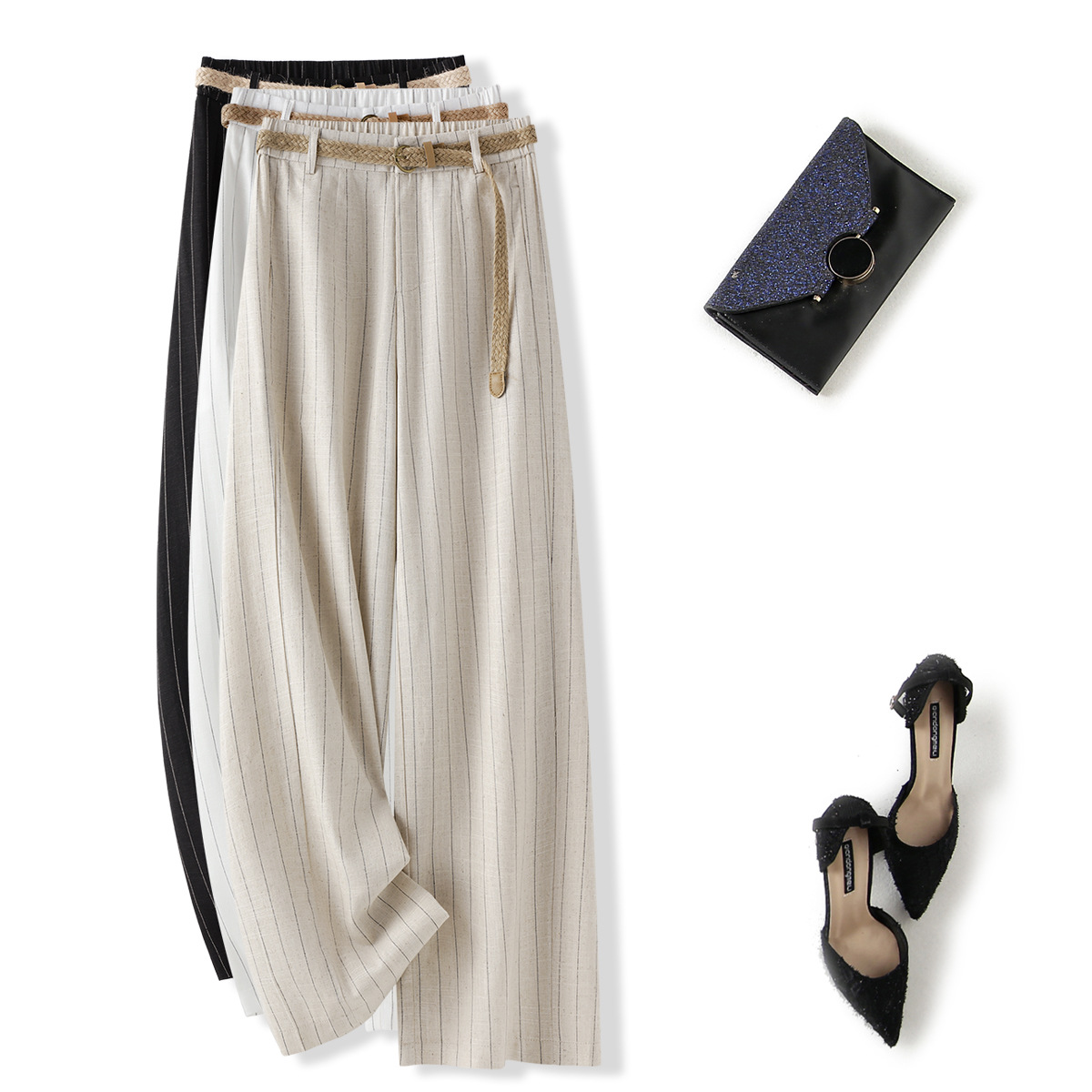 High quality ice silk linen vertical stripe high waist slimming straight leg casual pants with breathable drape feeling narrow version wide leg pants - Image 2
