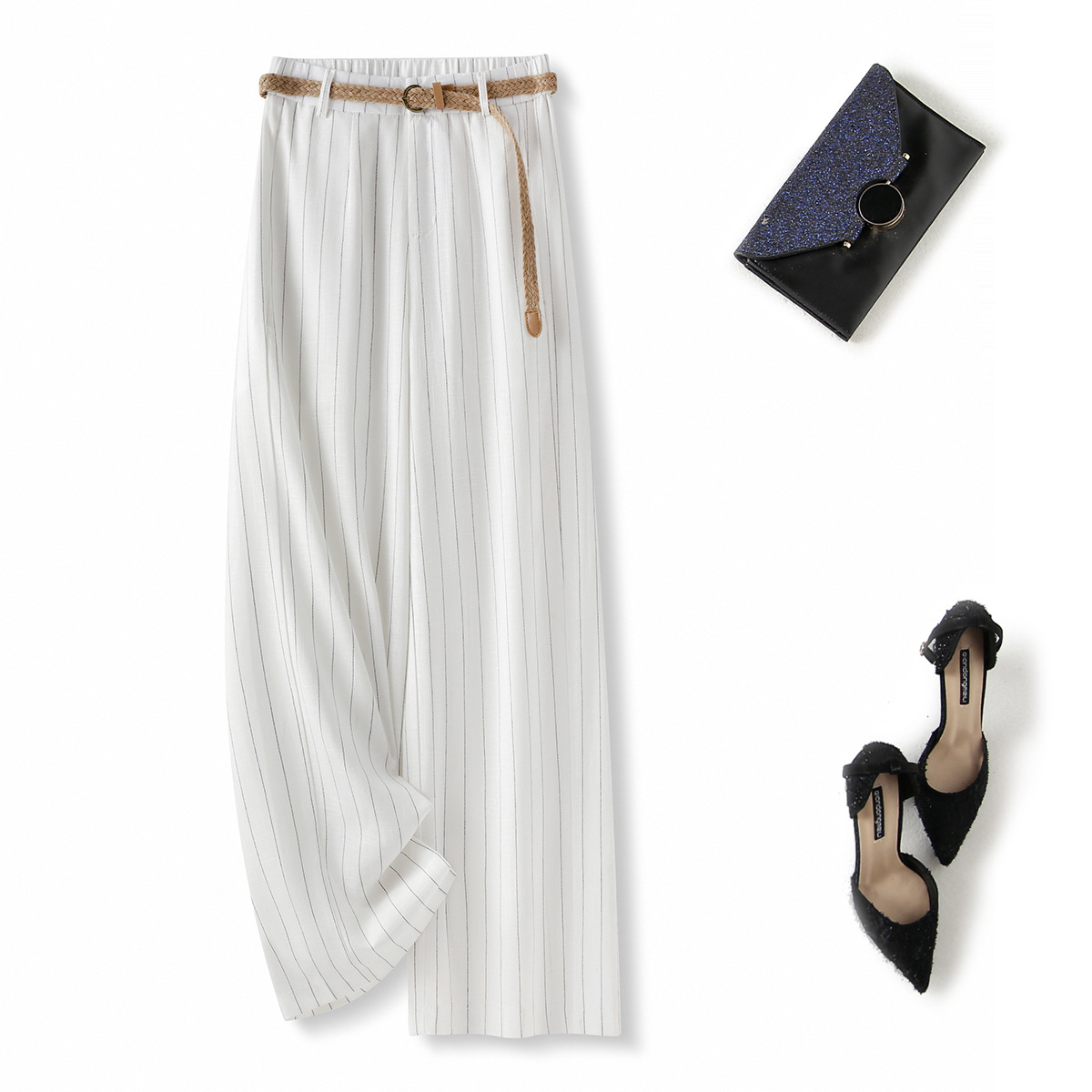 High quality ice silk linen vertical stripe high waist slimming straight leg casual pants with breathable drape feeling narrow version wide leg pants - Image 11