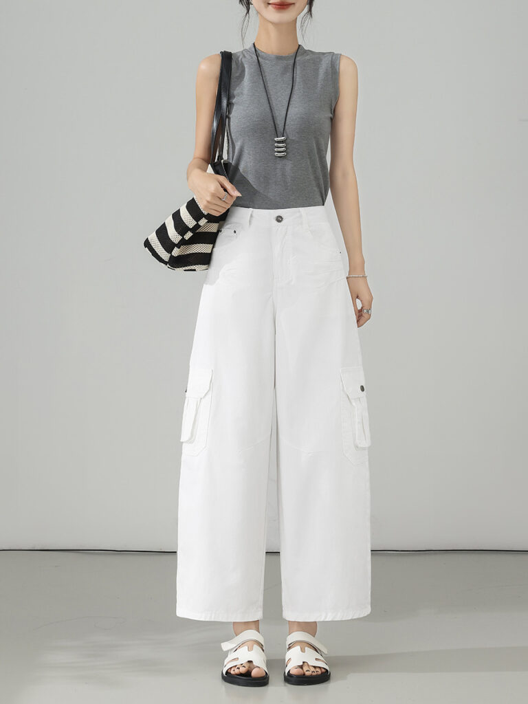Wide Leg Cargo Jeans - Cropped with Embroidery Detail