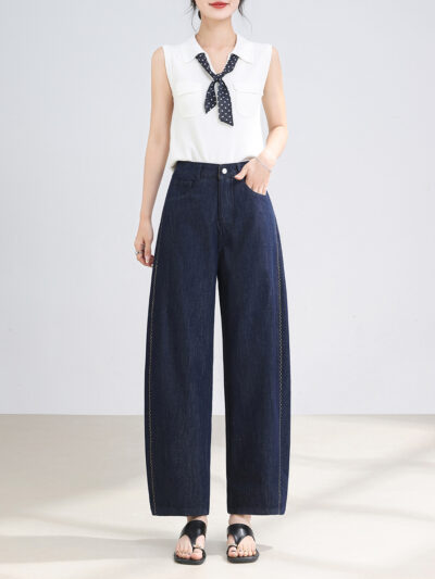 Summer 2026 New Fashion Contrast Machete Sheep Horn Pants Thin Wide Leg Tence Denim Small Ninth Pants