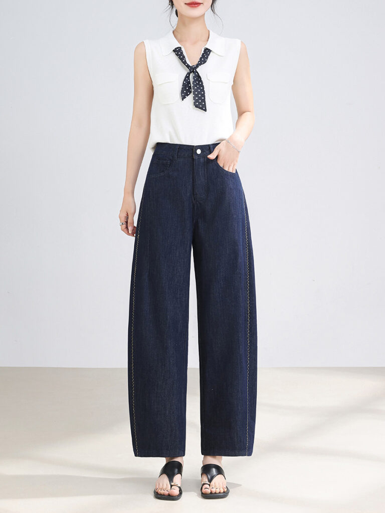 Contrast Stitching Wide-Leg Tencel Denim Pants - Horn Button Cropped for Petite