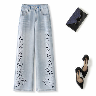 [South Oil Quality] European Tencel Spinning Cotton Soft Denim Heavy Industry Embroidery Embroidery Cutout Straight Leg Pants Manufacturer