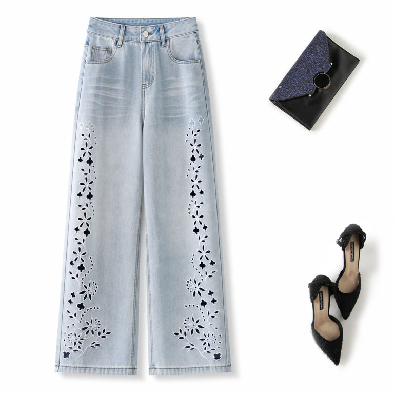 European Tencel Cotton Soft Denim with Premium Embroidery Cutout Straight Leg Pants