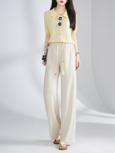 Ice Silk Linen Breathable Vertical Tie Elastic Waist Straight Leg Casual Pants Simple Elegant All-match Women's Pants Factory Direct Batch