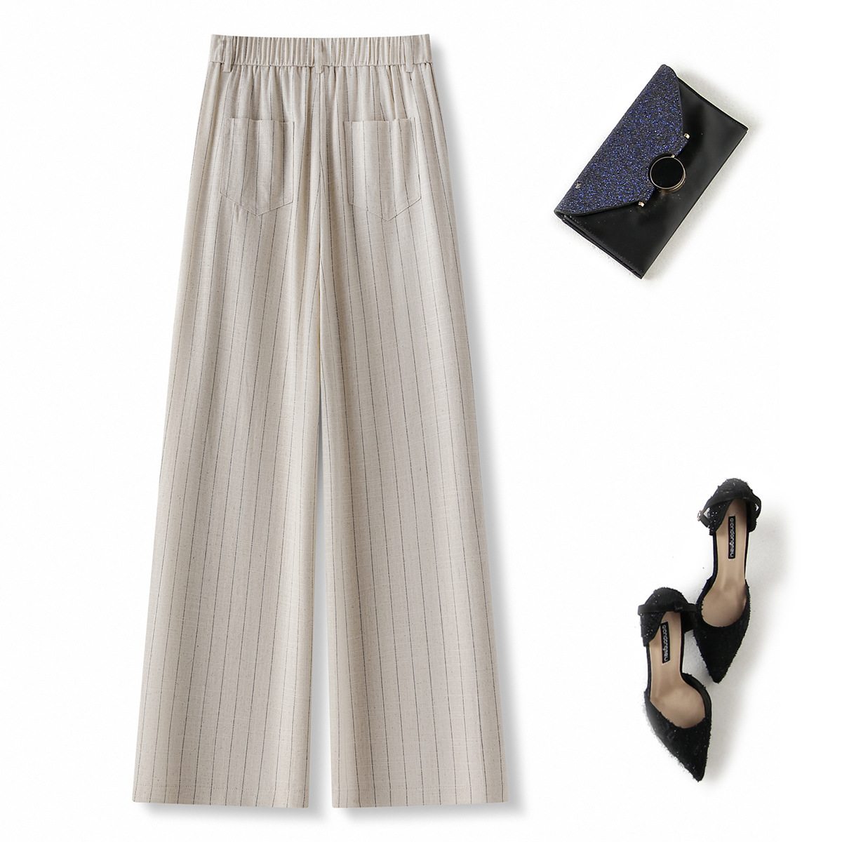 High quality ice silk linen vertical stripe high waist slimming straight leg casual pants with breathable drape feeling narrow version wide leg pants - Image 6