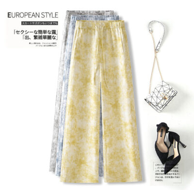 2026 Summer Ink Tencel Linen Elastic Waist Wide Leg Pants Slimming Casual Pants