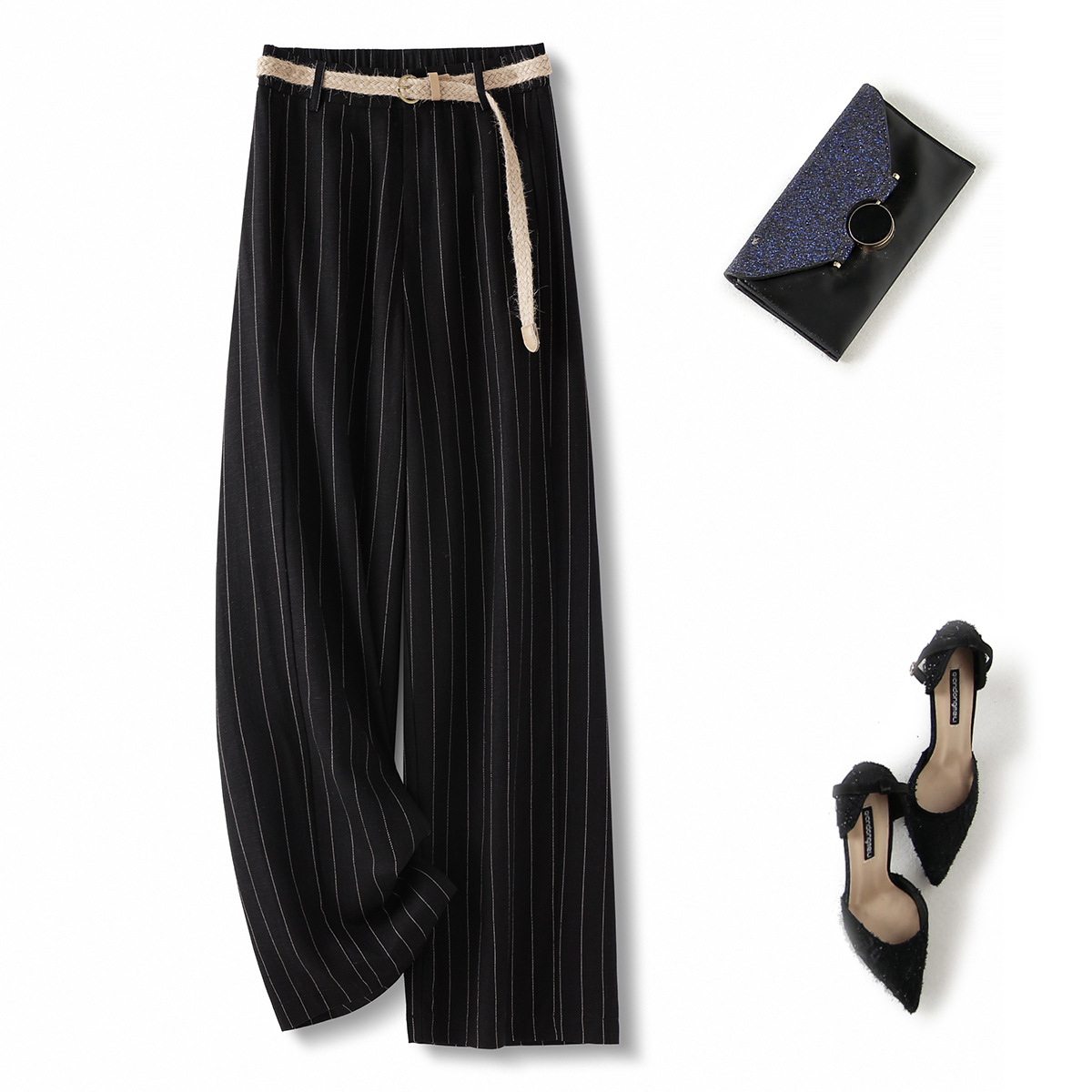 High quality ice silk linen vertical stripe high waist slimming straight leg casual pants with breathable drape feeling narrow version wide leg pants - Image 13