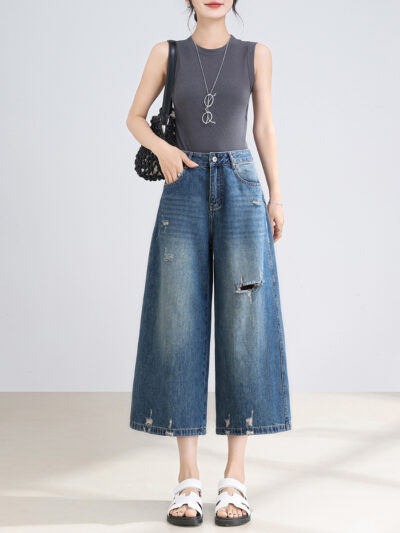Summer 2026 New Ripped High Waist Slim Eight Point Straight Leg Jeans Small