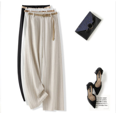 High quality ice silk linen vertical stripe high waist slimming straight leg casual pants with breathable drape feeling narrow version wide leg pants