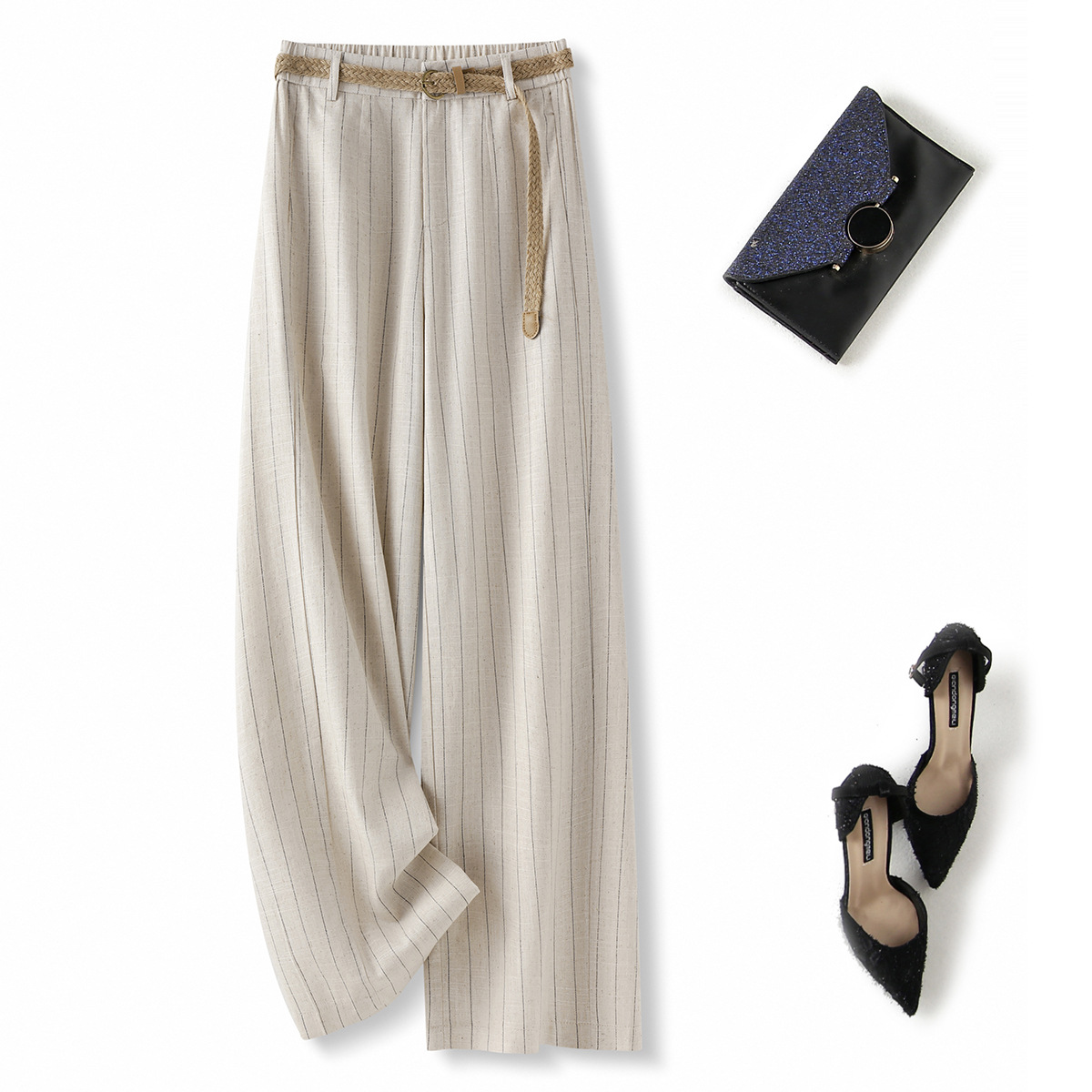 High quality ice silk linen vertical stripe high waist slimming straight leg casual pants with breathable drape feeling narrow version wide leg pants - Image 5