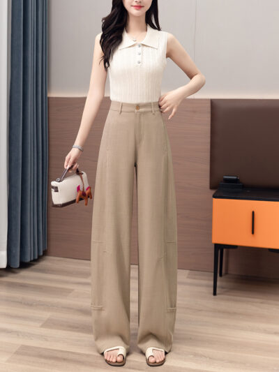 Cool feeling ice silk high waist slimming elegance versatile vertical casual pants khaki breathable narrow brand wide leg pants