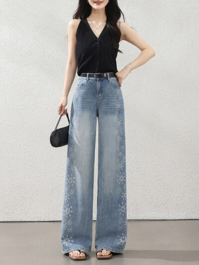 Spring Summer 2026 New Fashion Print Snowflake Hot Drilled High Waist Wide Leg Jeans Wash Straight Leg Pants