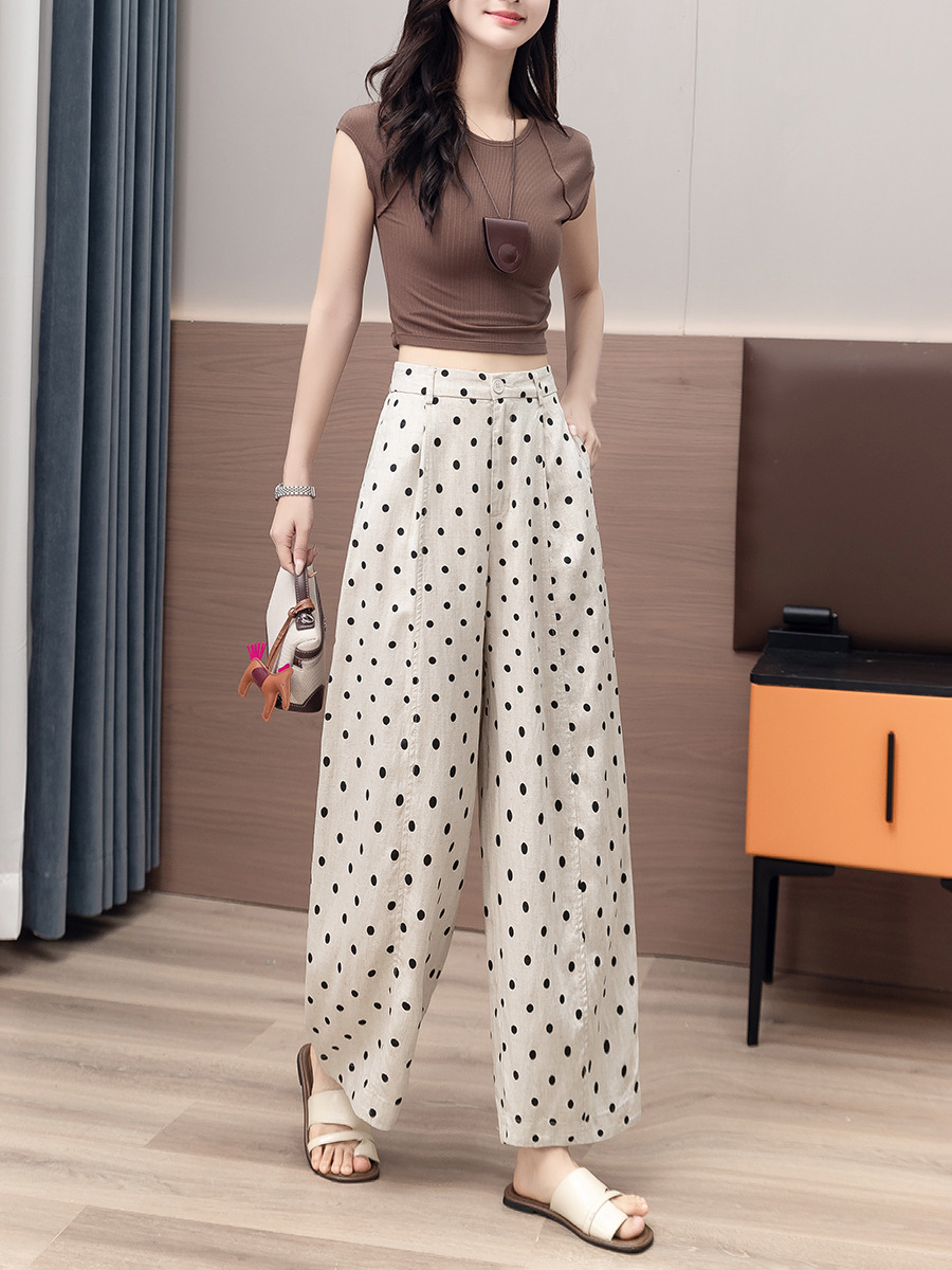 Women's Petite Cotton Linen Blend Elastic Waist Polka Pants (Ready to Ship) - Image 4