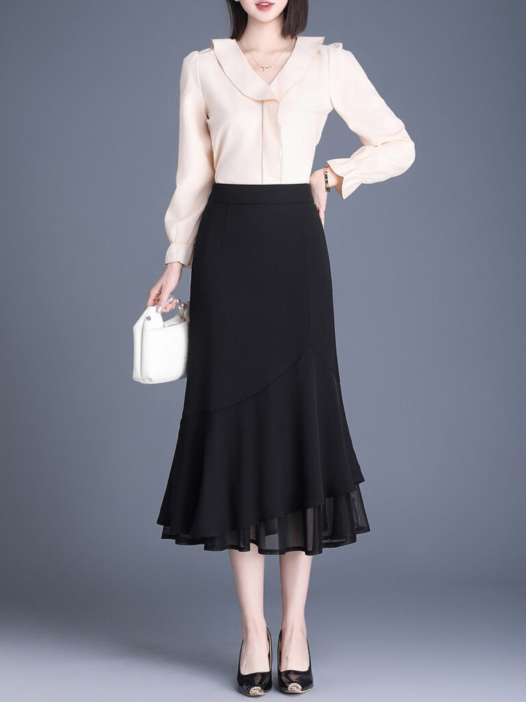 Irregular Ruffled Stitching Mesh High Waist Slim Skirt