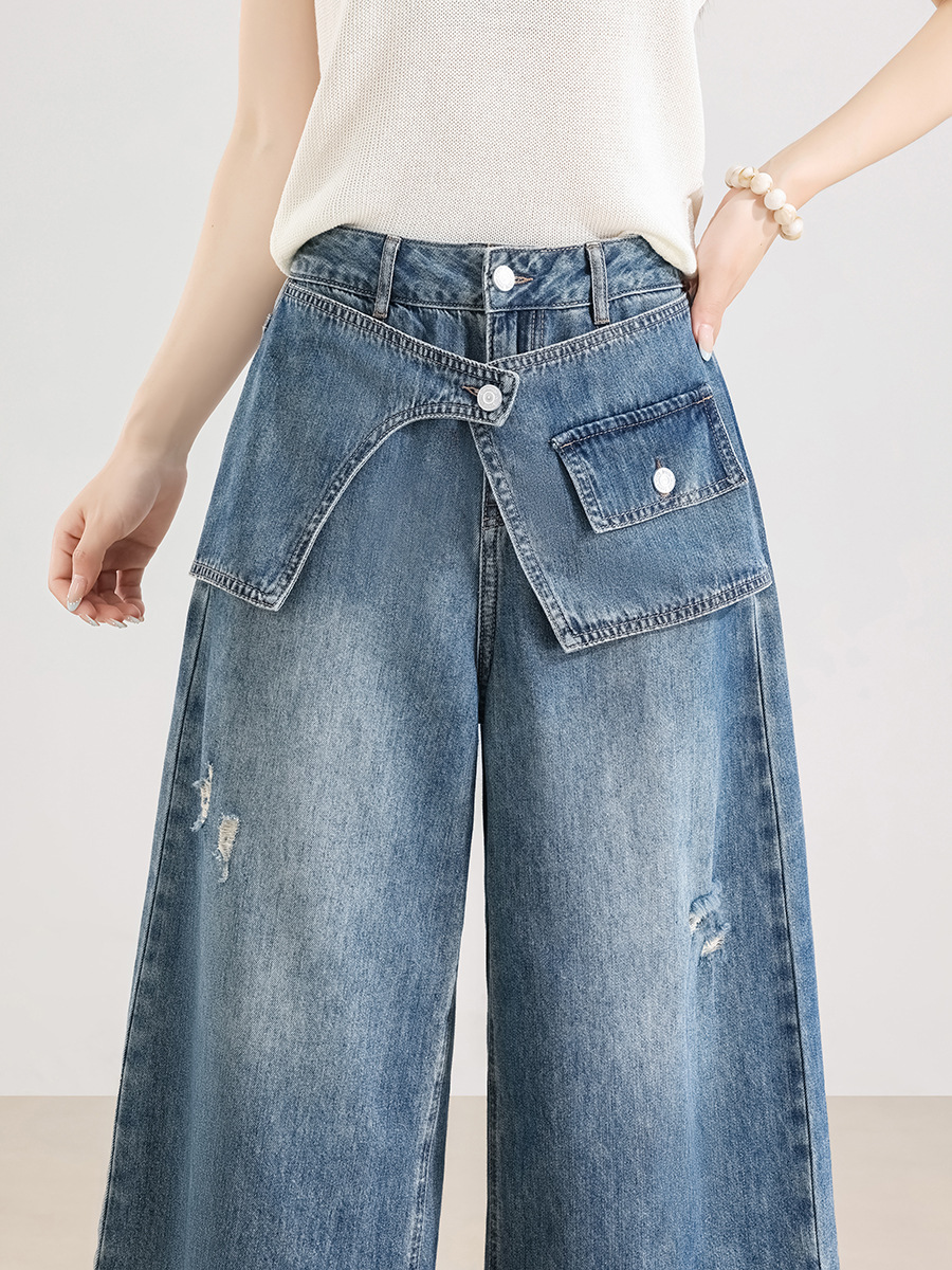 Back View Of Comfortable Solid Distressed Jeans Custom Manufacturing