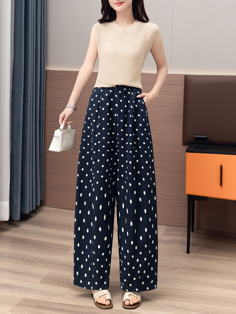 Women's Petite Cotton Linen Blend Elastic Waist Polka Pants (Ready to Ship) - Image 13