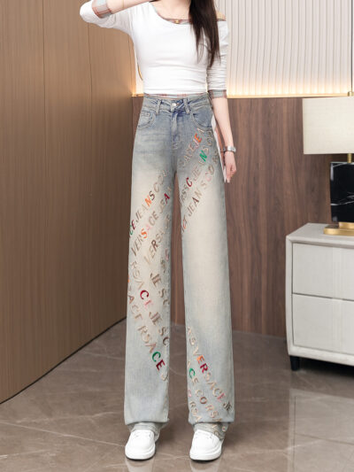 Heavy industry letter embroidery hot diamond wide leg Pants (Factory Direct Price)