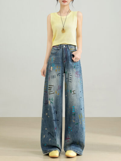 European design feel spring summer 2026 new hand painted graffiti straight leg jeans high waist slim color draw wide leg pants