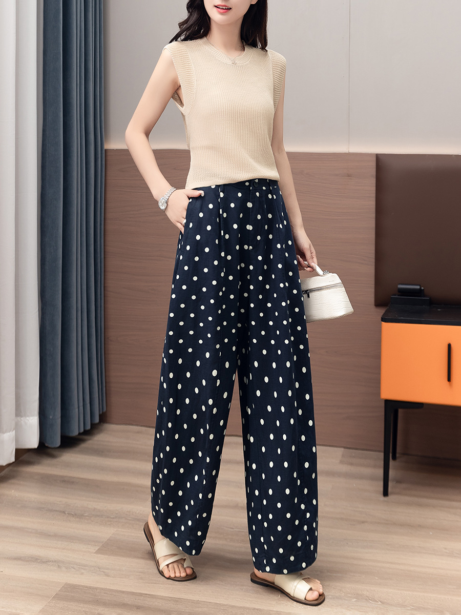 Women's Petite Cotton Linen Blend Elastic Waist Polka Pants (Ready to Ship) - Image 12