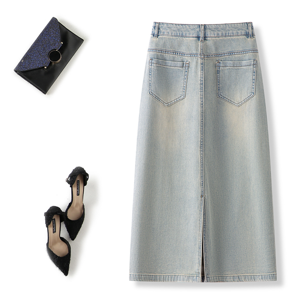 Retro heavy embroidery high waist slim denim skirt, (Ready to Ship) - Image 7