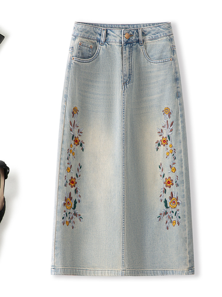 Retro heavy embroidery high waist slim denim skirt, (Ready to Ship) - Image 2
