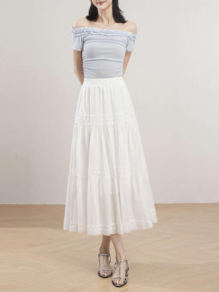 Skeleton Embroidery White Stitching A-Line Skirt
