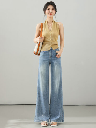 Spring Summer 2026 New Heavy Duty Hot Diamond Shiny Shiny Diamond High Waist Skinny Flared Jeans Micro Flared Pants