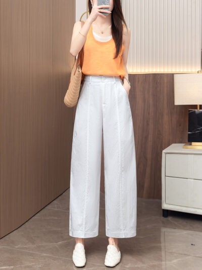 Small free cut leg long tencel worsted cotton ankle pants women's back elastic waist straight casual pants tee pants