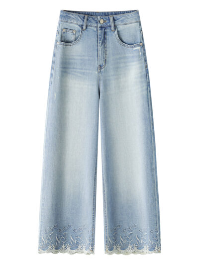 South Oil Quality Premium Heavy Industry Embroidery High Waist Slim Straight Leg Jeans Small Tall Embroidered Soft Denim