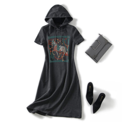 European Station Loose Roman Cotton Hot Diamond Dress Women's Spring Summer 2026 Spring Summer New Luxury Grey Hooded Dress