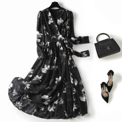 Shenzhen Nanyou 2023 in the early autumn a new piece of waist slimming lantern sleeves cut jacquard chiffon dress women