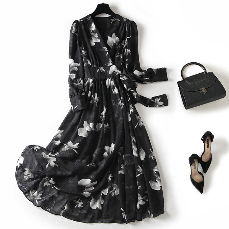 Shenzhen Nanyou 2023 in the early autumn a new piece of waist slimming lantern sleeves cut jacquard chiffon dress women
