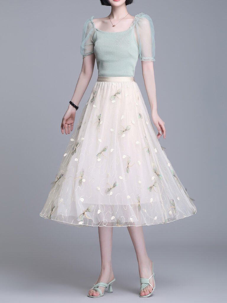 Three-dimensional embroidered mesh skirt, elastic (1 Pc Welcome / Low MOQ)