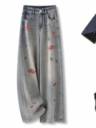 [Cross-border source] Embroidered vintage style high waist slim wide leg pants summer new embroidered hot-drilled straight beef