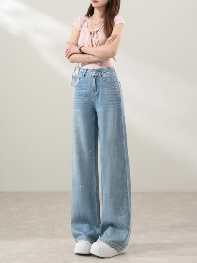 Spring Summer 2026 New Fashion Hot Diamond High Waist Skinny Leg Long Wide Leg Jeans Straight Leg Elegant Pants