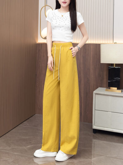 South Oil Quality Tencel Cotton Elastic Waist Straight Casual Pants Women Breathable Vertical Lyocell Straight Casual Pants