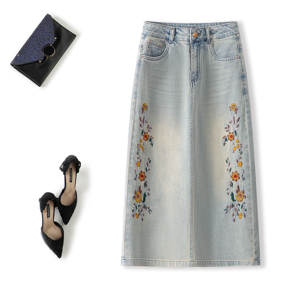 Retro heavy embroidery high waist slim denim skirt, (Ready to Ship) - Image 6
