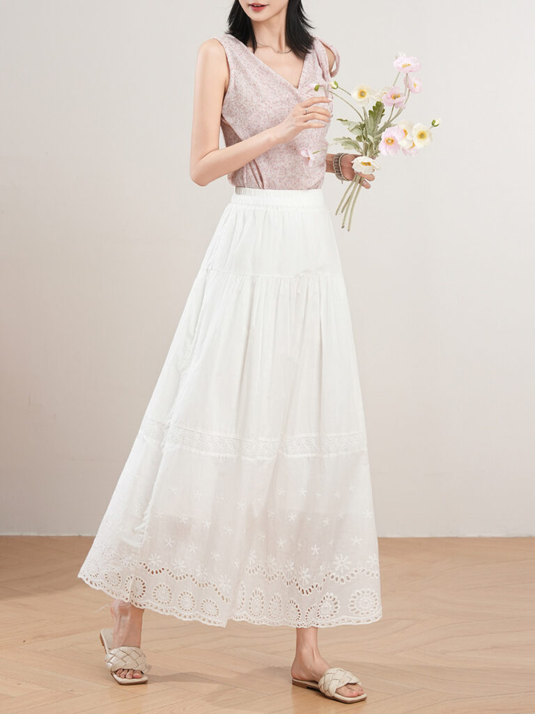 Gentle style embroidered A-line skirt elastic waist (1 Pc Welcome / Low MOQ)
