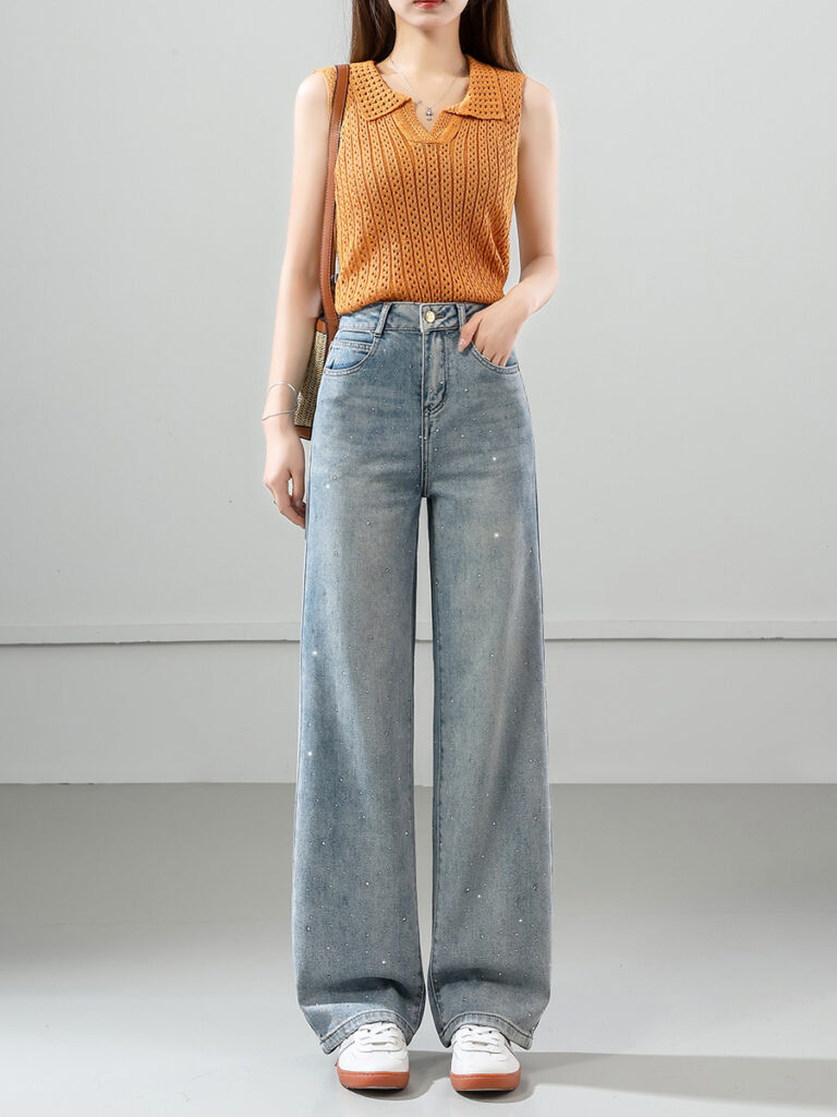 Rhinestone Straight Wide Leg Jeans - Versatile Style 2026
