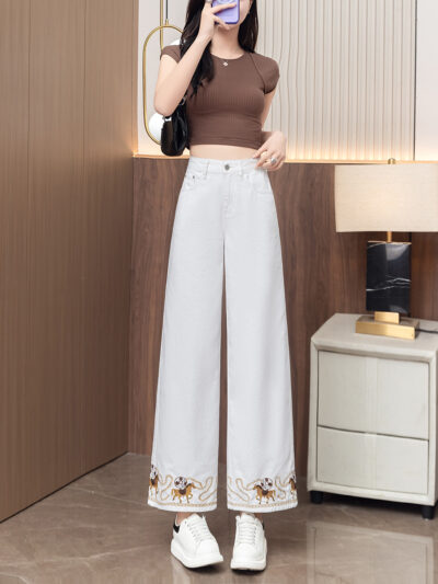[Pure Cotton] South Oil Quality Country Embroidery High Waist Slim White Straight Leg Jeans Small Ninth Pants