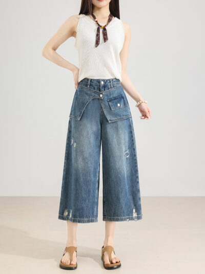 Solid Wide-Leg Distressed Jeans For Unisex