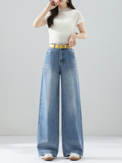 Spring Summer 2026 New High Waist Straight Leg Heavy Duty Wash Diamond Wide Leg Jeans
