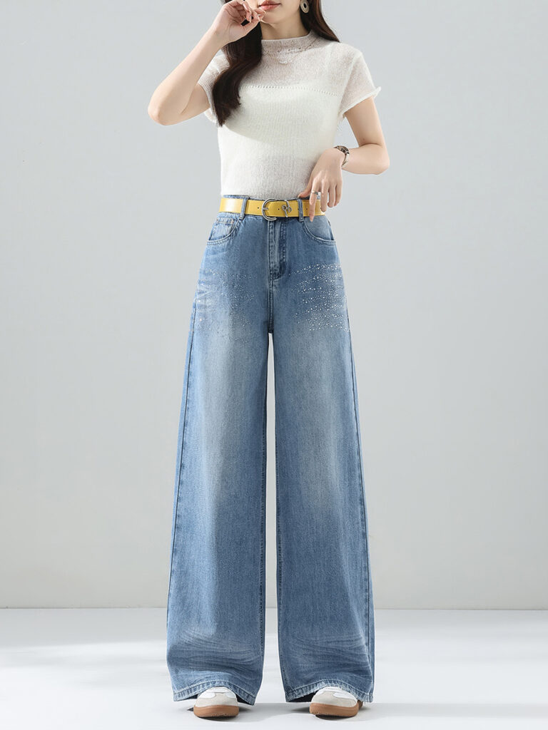 Spring Summer 2026 New High Waist Straight Leg Heavy Duty Wash Diamond Wide Leg Jeans
