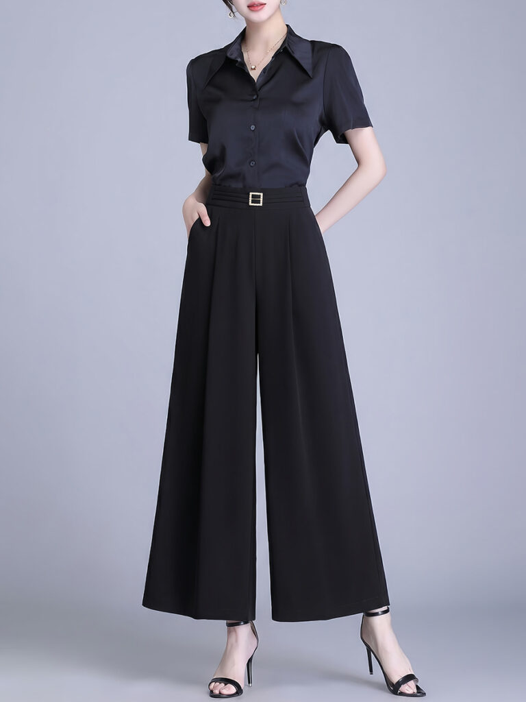 Elastic Waist Wide Leg Cropped Pants - 7/8 Length Slim Fit