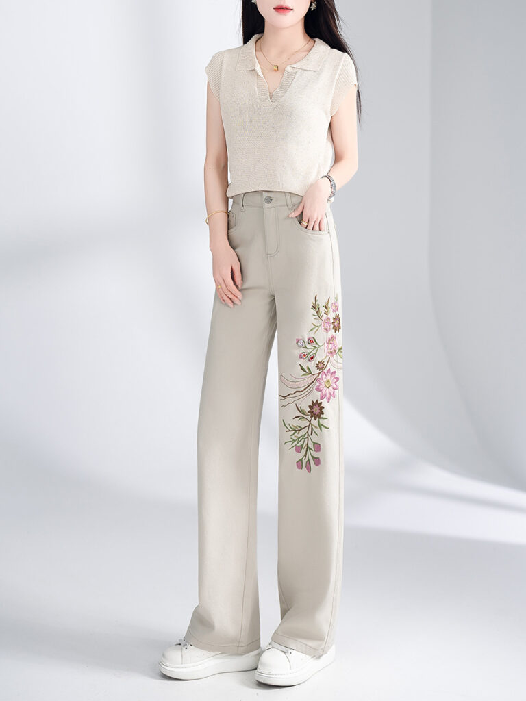 Chinese Style Embroidery High Waist Heavy Beading Jeans