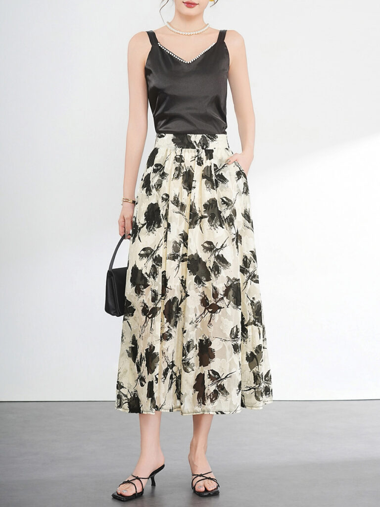 Floral cut jacquard chiffon fluffy floral skirt a-line (Ready to Ship)