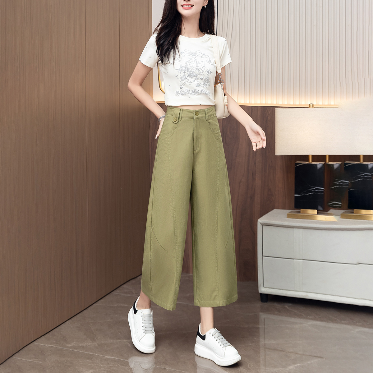 Tencel Cotton Petite Ninth Wide Leg Casual Pants (Ready to Ship) - Image 4
